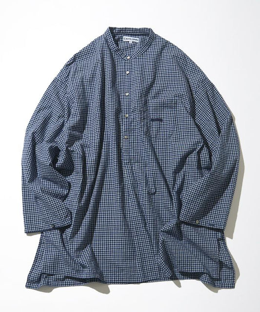 Indigo Madras Check Pullover Stand Collar Shirt