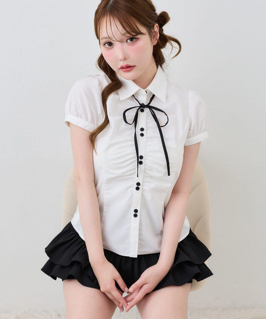 Gathered Shirt with Ribbon Tie