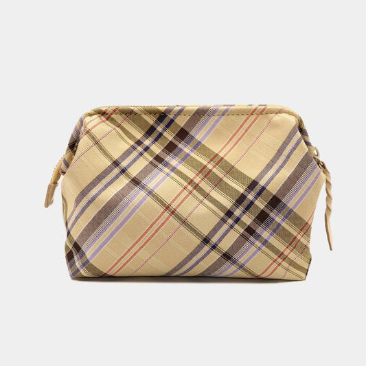 Pouch: Water-repellent Nishijin-ori Silk Wide-Opening Accessory Pouch, Multi-Check (Light Yellow) | Nishijin Weaving | Atelier Kyoto Nishijin