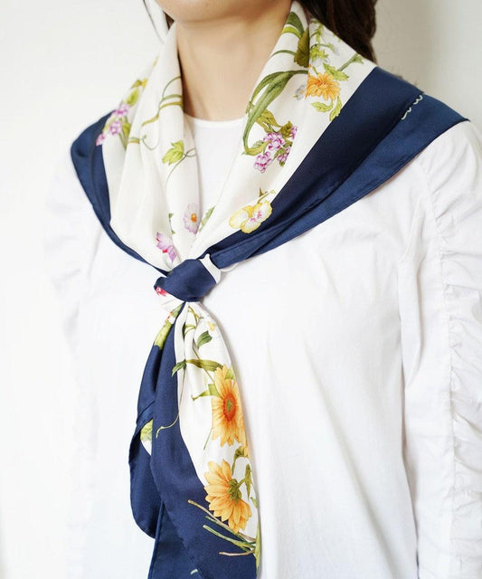 Traditional Yokohama Scarf: Four Seasons Tree Flowers Large Silk Twill Scarf