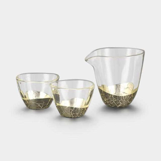 3-Piece Sake Set — Crackle Champagne Gold Katakuchi & Guinomi | Kanazawa Gold Leaf | Hakuichi