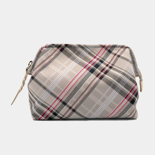Pouch - Water-repellent Nishijin woven silk wide-opening accessory pouch, Multi Check (Ash Gray) | Nishijin Weave | Atelier Kyoto Nishijin