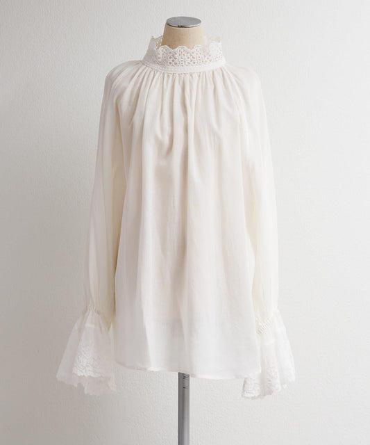Lace Collar and Cuffs Petite High Neck Blouse