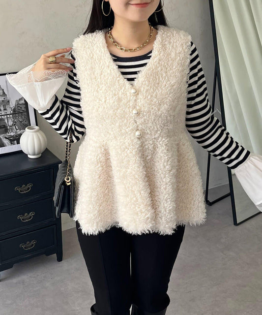 Pearl Button Peplum Fur Vest