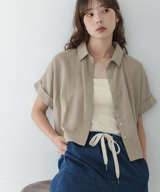 Linen Blend Cropped Dolman Shirt
