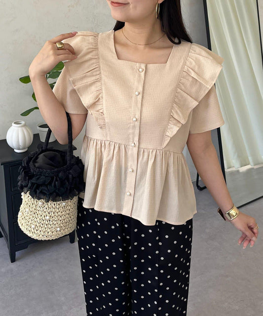 Square Neck Ruffle Sleeve Peplum Blouse