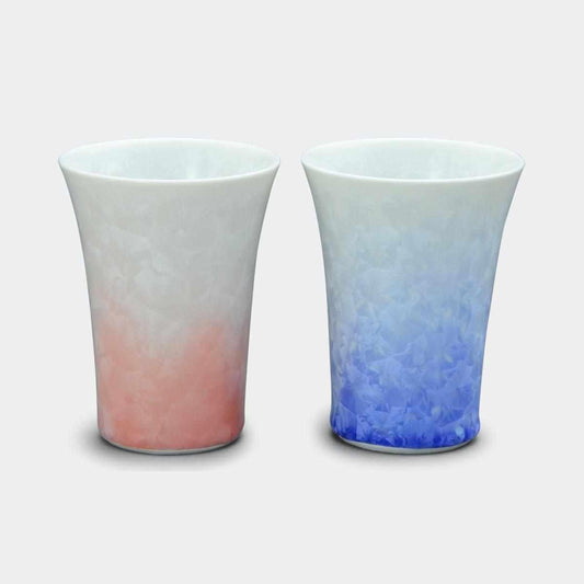 Two-Piece Tumbler Set - Flower Crystalline (White Base, Blue & Red) | Kyo-yaki (Kiyomizu-yaki) | Toan
