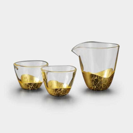 Sake Set (3-piece) – Crazed Katakuchi & Guinomi | Kanazawa Gold Leaf | Hakuichi