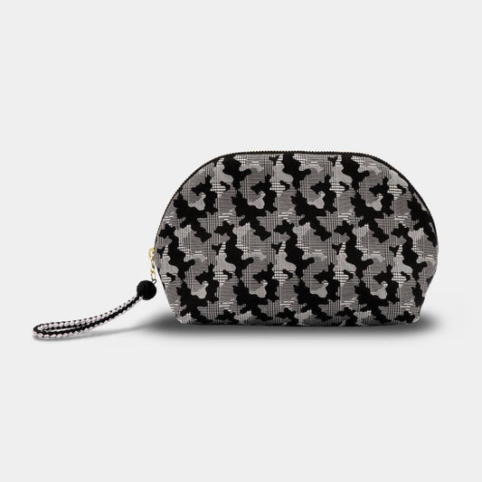 Pouch: Nishijin Silk Shell Shape with Kyokumihimo Strap, Camouflage Glen Check (Black Camo) | Nishijin Weave | Atelier Kyoto Nishijin
