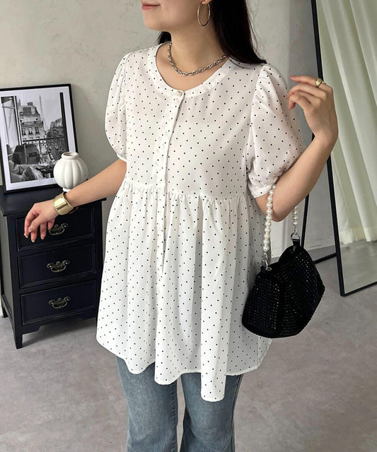 Dot Pearl Button Gathered Peplum Blouse