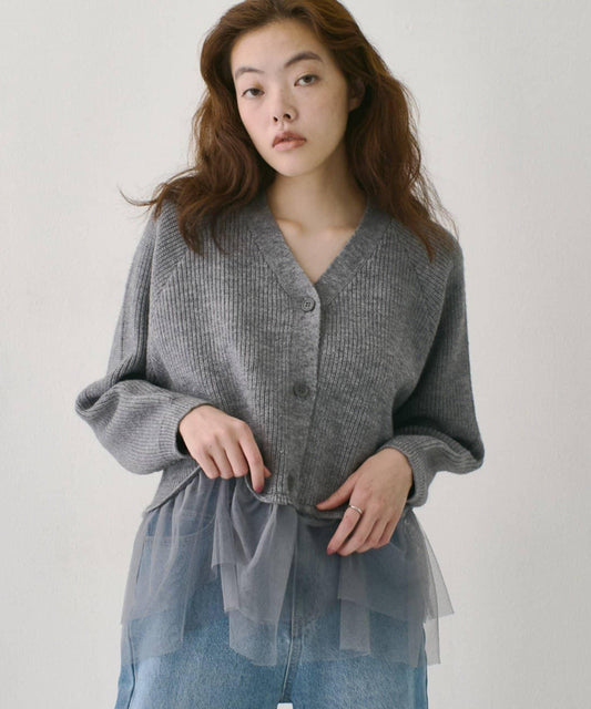 Frill Switching Rib Knit Cardigan