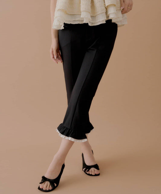 【SALON by Chico】Hem Frill Middle Capris / Color-blocking, Plain
