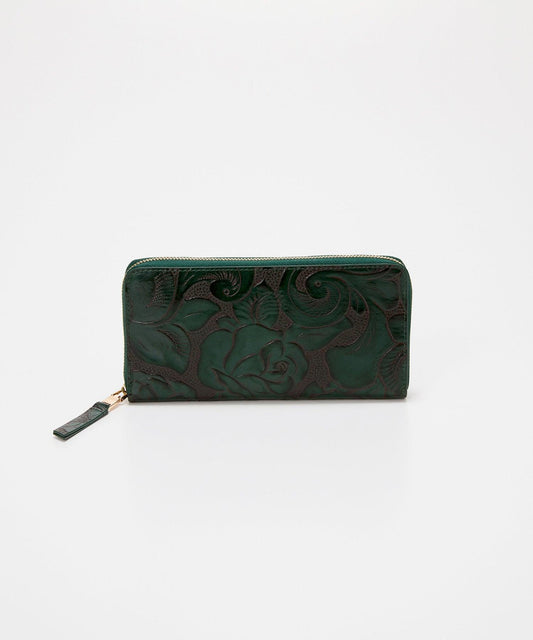 Rose Embossed Glossy Leather Round Zipper Long Wallet