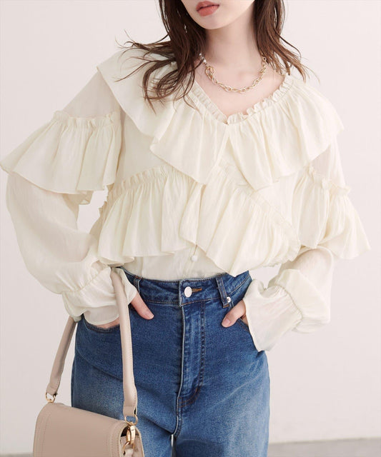 V-neck Frill Collar Candy Sleeve Blouse