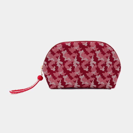 Pouch: Nishijin Weave Silk Shell-shaped Pouch with Kyoto Kumihimo Pull - Camouflage Glen Check (Red Camouflage) | Nishijin Weave | Atelier Kyoto Nishijin