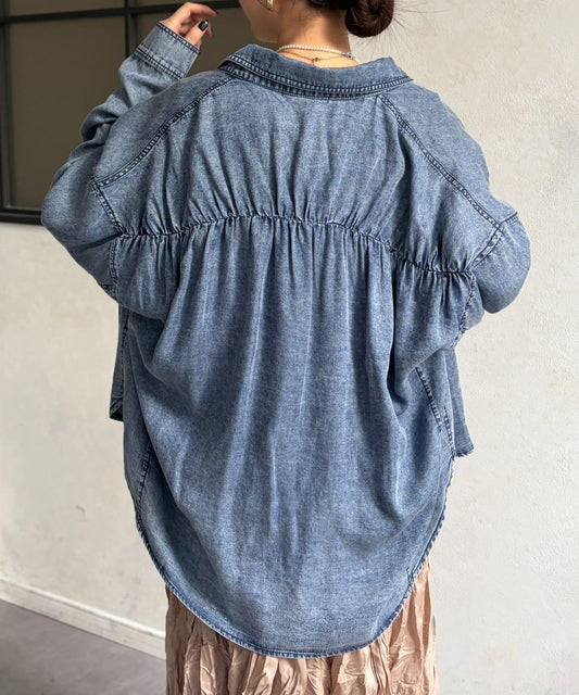Back Gather Powder Processed Denim Shirt