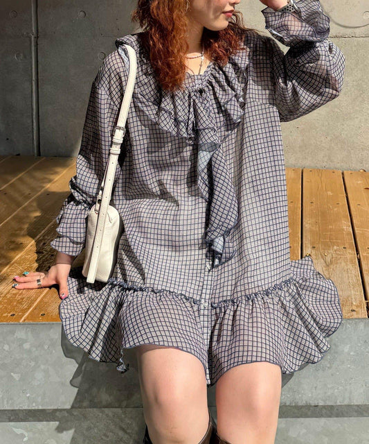 Ruffle Collar Check Sheer Tunic Blouse