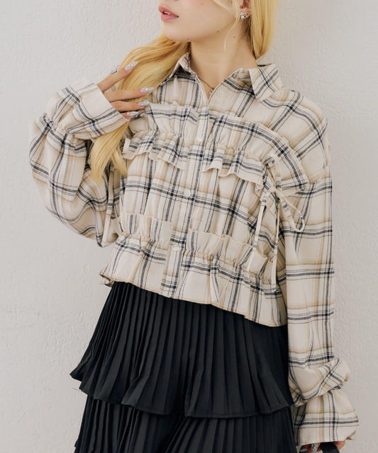 Ribbon Shirring Check Shirt