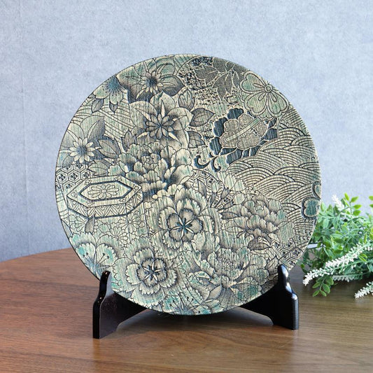 Large Plate - Kyoto Yuzen All-over - Black | Suri-Yuzen Carver | Sansai
