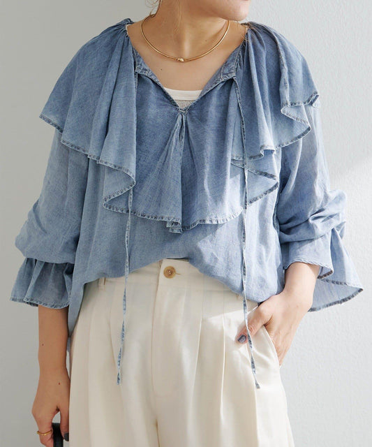 Sheer Denim Collar Frill Blouse