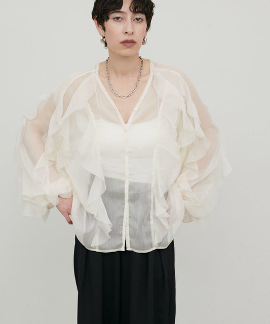 [LARUTA] Sheer柳フリル切替Blouse