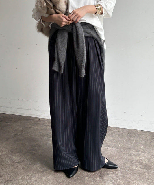 Pinstripe Tuck Wide Pants