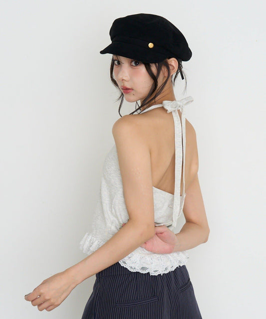 Plain / Lace Padded Halter Peplum Tank Top