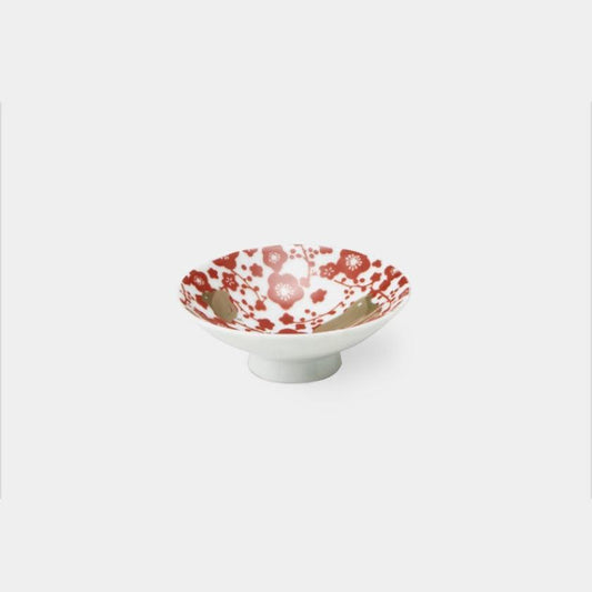 Vermilion and Gold Plum Blossom & Chidori Pattern Mino Ware Flat Sake Cup