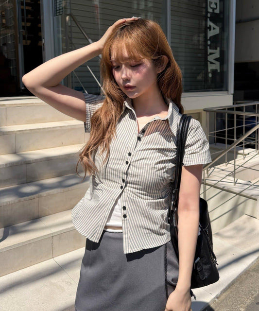 [Rhinestones / Dots / Checks] Chest Embroidery Compact Short-Sleeve Shirt