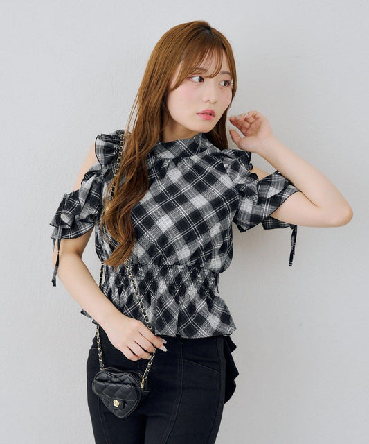 Sheer Check Frill Open Shoulder Blouse