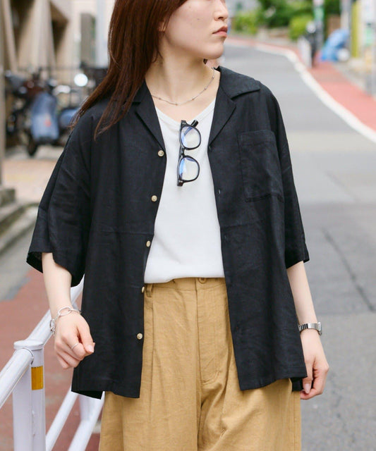 [Unisex] Linen Rayon Open Collar Short Sleeve Shirt