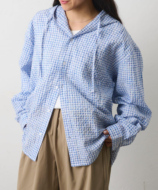 Check Seersucker Hooded Shirt