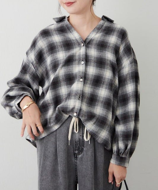 Check Multi-Button Tapered Tuck Blouse