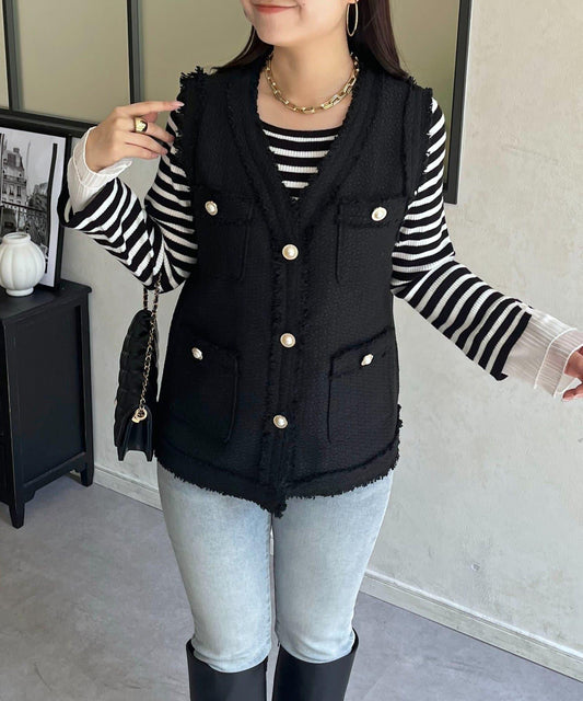 Fringe Tweed V-Neck Gilet