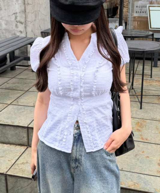[Solid / Dot / Check] Skipper Frill Shirt