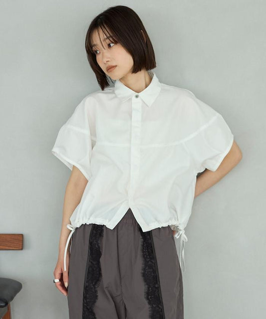 Switching Short Sleeve Hem Cord Blouse