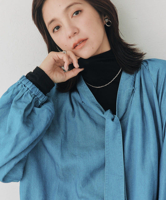 Drapey Denim Bow Tie Blouse