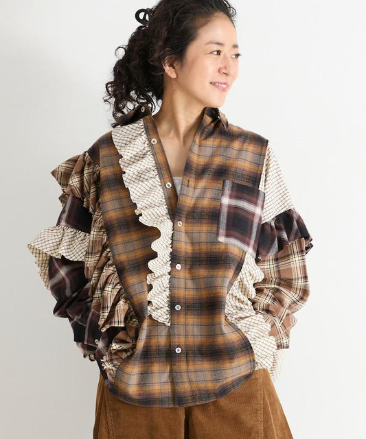 Check Frill Patchwork Big Shirt