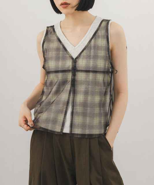 Sheer Check Vest Set Top