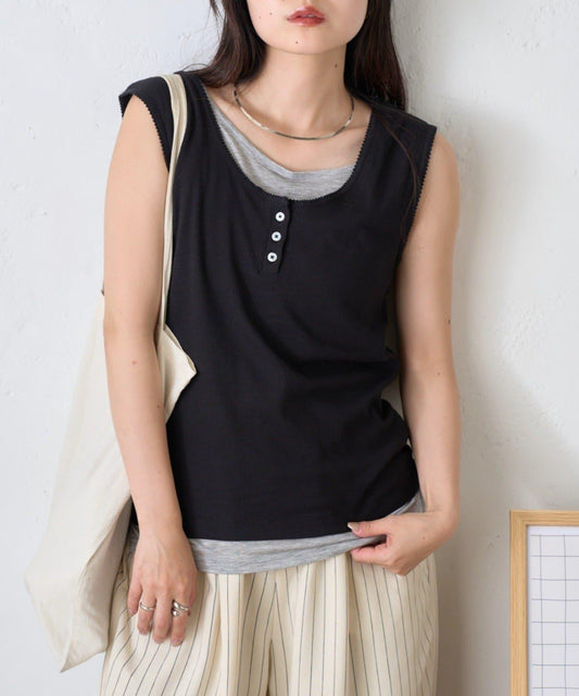 Color-Blocked Layered Henley Neck Rib Tank
