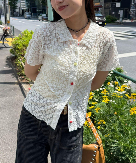 Heart Button Lace Switching Polo Shirt