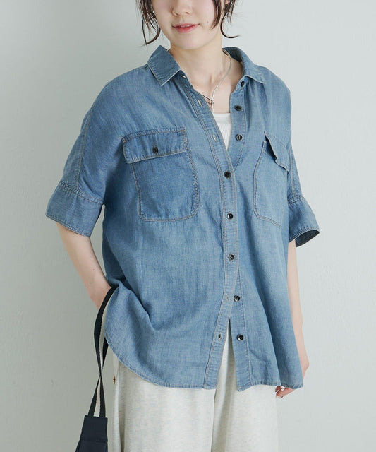 Sheer Denim Half Sleeve Blouse