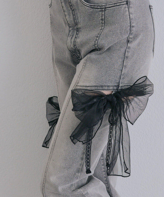 Tulle Ribbon Stretch Denim Pants