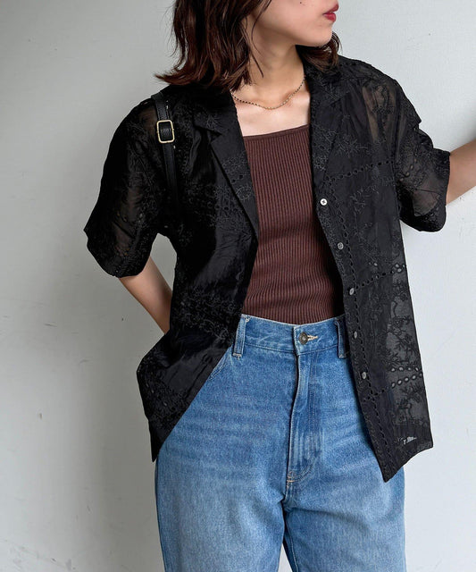 [Set Up Wearable] Patchwork Embroidery Short Sleeve Sheer Shirt