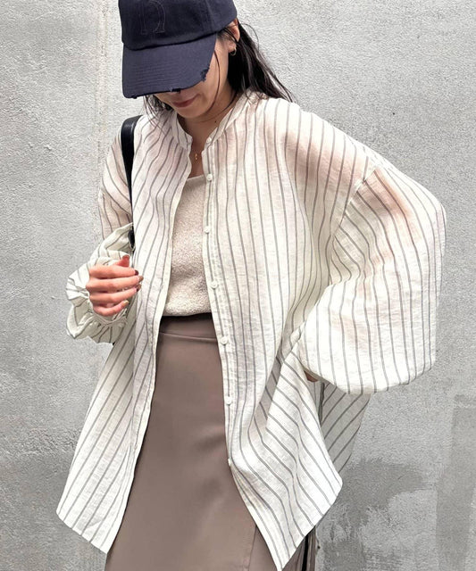 Striped Sheer Band Collar Long Sleeve Shirt