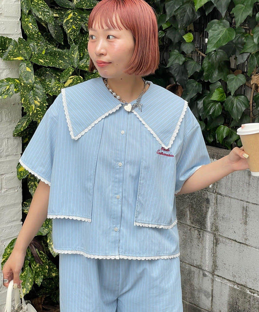[HELLO.SANFRANCISCO] Stripe Big Collar Cropped Shirt