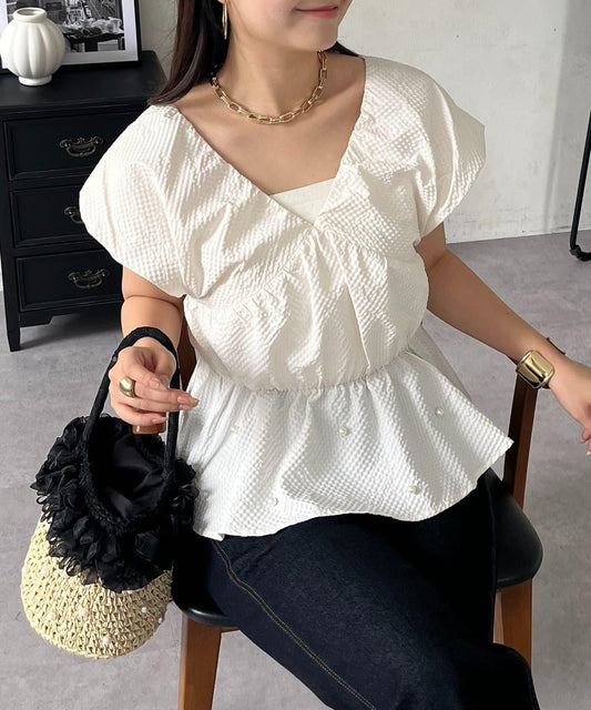 Balloon Sleeve Pearl Peplum Blouse