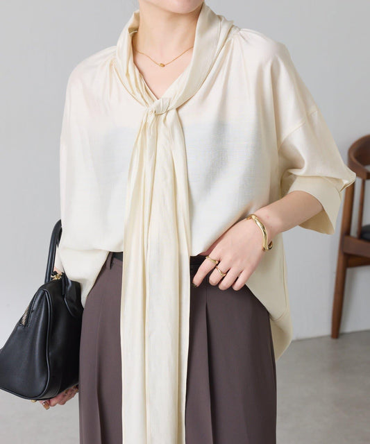 [Front and Back 2-Way] Sheer Bow Tie Short Sleeve Blouse