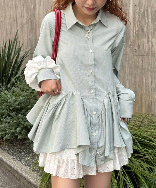 WEB Limited Star Button Wave Frill Hem Tunic Shirt