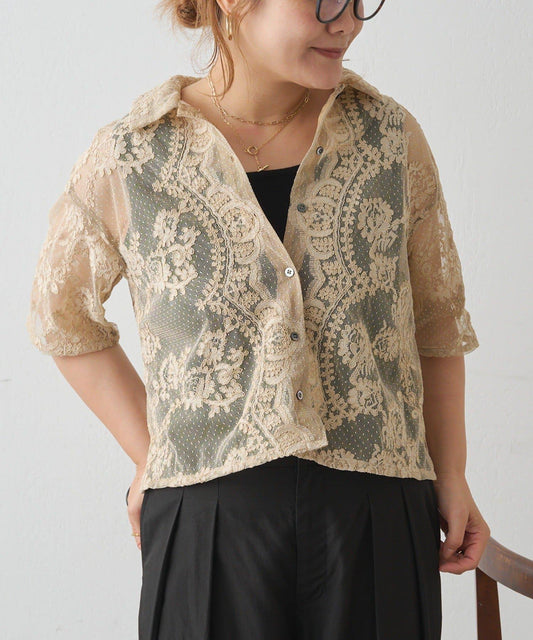 Dot Tulle Cord Embroidery Blouse